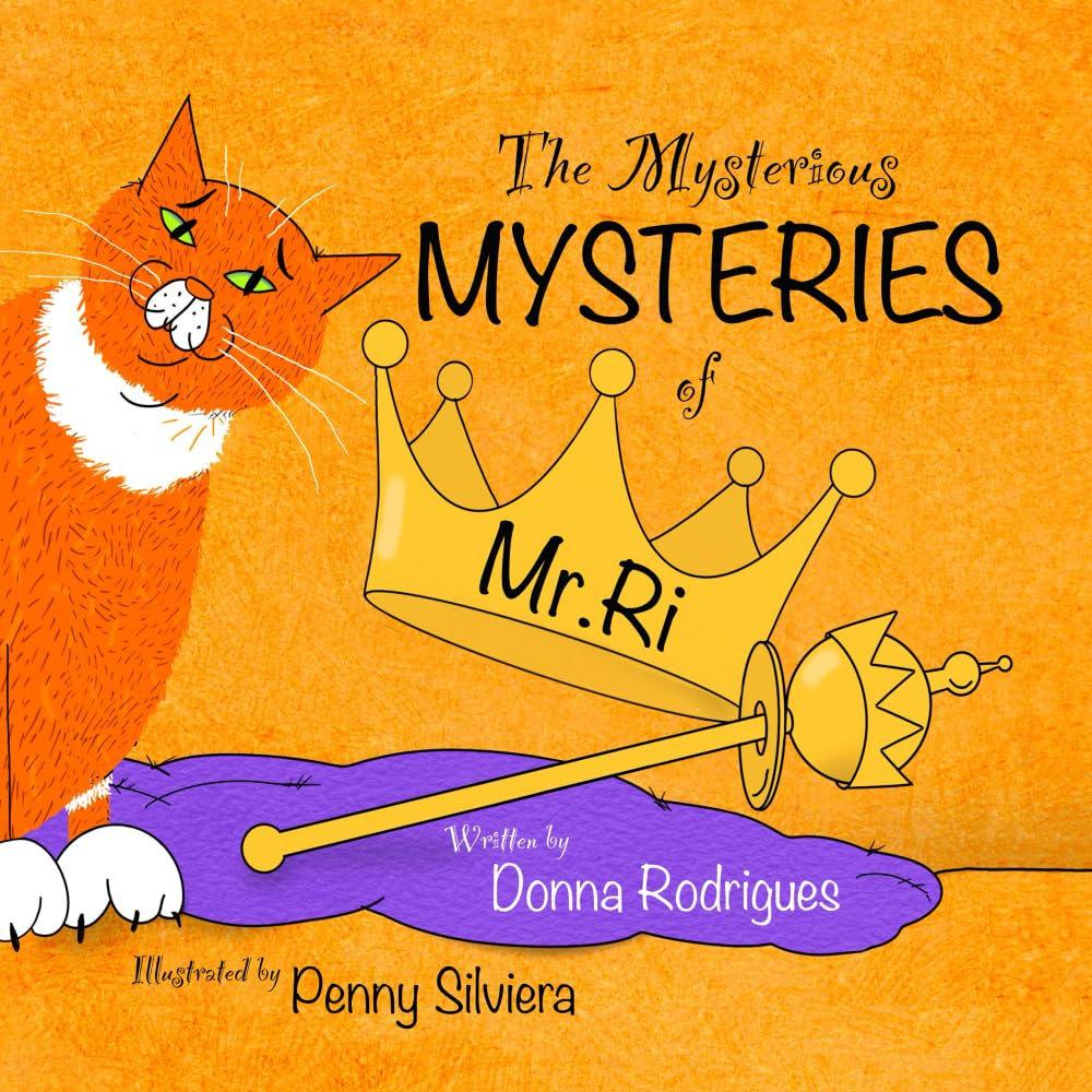 The Mysterious Mysteries of Mr. Ri: an orange-and-white cat beside a golden crown and scepter